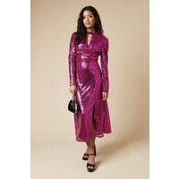 Dorothy Perkins Womens Midi Dress Berry Sequin Keyhole Long Sleeve Petite
