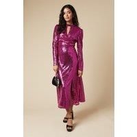 Dorothy Perkins Womens Midi Dress Berry Sequin Keyhole Long Sleeve Petite