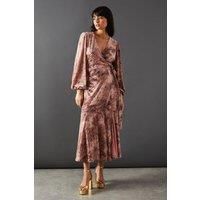 Warehouse Womens Wrap Dress Mauve Zebra Devore V-Neck Balloon Sleeves