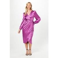 Debut London Womens Wrap Dress Satin Orchid Long Sleeve Midi V-Neck Elegant