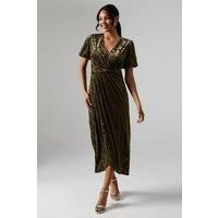 Debut London Womens Midi Dress Olive Wrap Puff Sleeve Formal Occasion