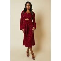 Debut London By Coast Long Sleeve Wrap Waist Satin Jacquard Midi Dress
