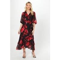 Debut London Womens Wrap Dress Multi Floral Chiffon V Neck Tiered Midi Length