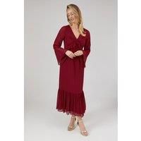 Debut London Womens Midi Dress Oxblood Kimono Sleeve Tiered Hem V-Neck