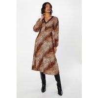 Womens Animal Long Sleeve Lace Trim Button Front Midi Dress