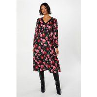 Womens Floral Long Sleeve Lace Trim Button Front Midi Dress