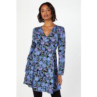 Womens Floral Shirred Shoulder Empire Long Sleeve Mini Dress