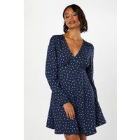 Womens Spot Shirred Shoulder Empire Long Sleeve Mini Dress