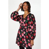 Womens Floral Long Sleeve Lace Trim Button Front Mini Dress
