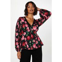 Womens Floral Long Sleeve Lace Trim Button Front Tea Blouse