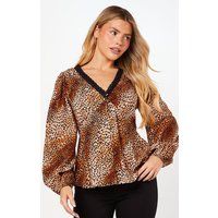 Womens Animal Sleeve Lace Trim Button Front Tea Blouse