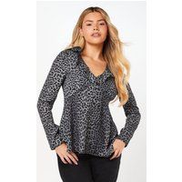 Womens Black Animal Ruffle Neck Long Sleeve Button Front Tea Blouse