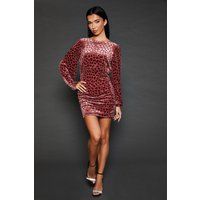 Womens Velvet Animal Burnout Ruched Skirt Mini Dress