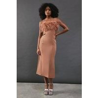 Warehouse Womens Midi Dress Tan Bandeau Neckline Feather Detail Glamorous