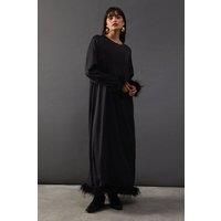 Warehouse Womens Midi Dress Black Feather Trim Satin Button Back Elegant