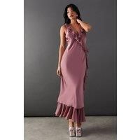 Satin Wrap Chiffon Frill Detail Midi Dress