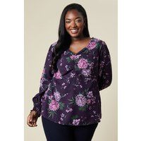 Womens Floral Curve Ruched Front Top
