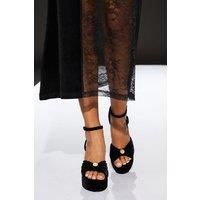 Faith Womens Heeled Sandals Black Velvet Dome Stud Block Heel High Quality