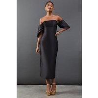 Warehouse Womens Bardot Midi Dress Black Structured Puff Sleeves Elegant
