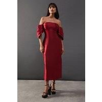 Warehouse Womens Bardot Midi Dress Red Structured Puff Sleeves Elegant