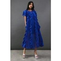 Warehouse Womens Midi Dress Blush Chiffon Sleeveless Ruffle Tendril Design