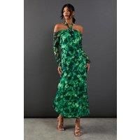 Warehouse Womens Midi Dress Green Figure Hugging Twist Halterneck Spring Summer
