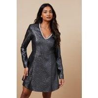 Oasis Womens Mini Dress Blush Fit Flare Long Sleeve Jacquard Diamante