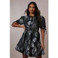 Occasion Metallic Jacquard Velvet Trim Smock Dress