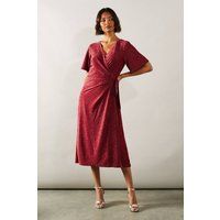 Wallis Womens Fit Flare Dress Berry Glitter V Neck Midi Party Cocktail