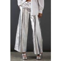 Warehouse Womens Trousers Metallic Silver Wide Leg High Waisted Party Comfort