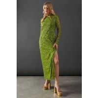 Warehouse Womens Maxi Dress Lime Hand Embellished Sequin High Neck Long Sleeve