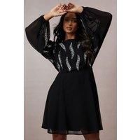 Oasis Womens Mini Dress Black Embellished Batwing Sleeves Formal Wedding