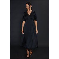 Dorothy Perkins Womens Satin Midi Dress Black Lace Trim V Neck Party Cocktail