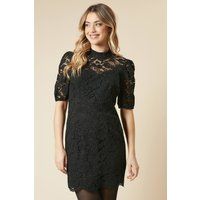Dorothy Perkins Womens Mini Dress Black Lace High Neck Short Sleeve Elegant