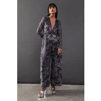 Burnout Velvet Plunge Neck Waisted Jumpsuit