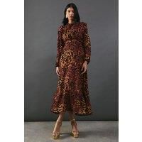 Warehouse Womens Midi Dress Animal Burnout Devore Balloon Sleeve