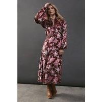 Warehouse Womens Midi Dress Floral Burnout Devore Frill Shoulder Tie Front