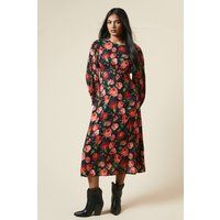 Womens Petite Red Rose Shirred Cuff Midi Dress