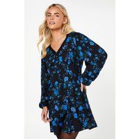 Womens Petite Blue Floral Long Sleeve Lace Trim Button Front Mini Dress