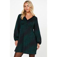 Womens Petite Khaki Animal Long Sleeve Lace Trim Button Front Mini Dress