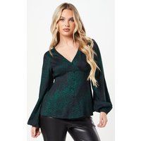 Womens Petite Khaki Animal Long Sleeve Button Front Tea Blouse