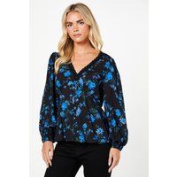 Womens Petite Blue Floral Long Sleeve Lace Trim Button Front Tea Blouse