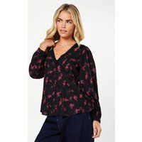Womens Petite Berry Ditsy Long Sleeve Lace Trim Button Front Tea Blouse