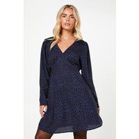 Womens Petite Blue Animal Shirred Shoulder Empire Long Sleeve Mini Dress