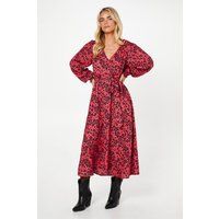 Womens Petite Red Floral Long Sleeve Wrap Midi Dress