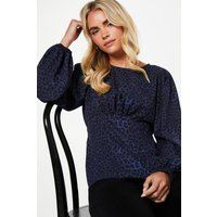 Womens Petite Blue Animal Long Sleeve Tea Blouse