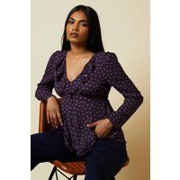Womens Petite Berry Spot Ruffle Neck Long Sleeve Button Front Tea Blouse