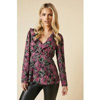 Womens Petite Pink Floral Ruffle Neck Long Sleeve Button Front Tea Blouse