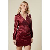 Womens Petite Satin Jacquard Wrap Mini Dress