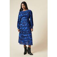 Womens Petite Blue Zebra Shirred Cuff Midi Dress
